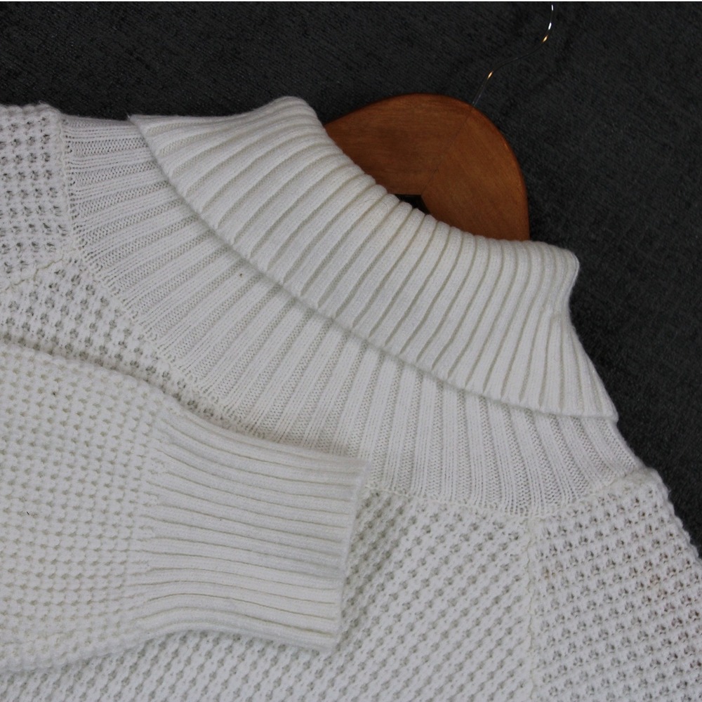 Kirundo Womens Waffle Knit Turtleneck Sweater White High Low Hem Size S 7061